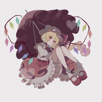 1girl blonde_hair crystal crystal_wings flandre_scarlet full_body hat hat_ribbon heart highres holding holding_umbrella light_smile mint_onyo mob_cap multicolored_wings one_side_up red_eyes red_shoes red_skirt red_vest ribbon shoes side_ponytail sitting skirt skirt_set smile solo stocks touhou umbrella vest white_hat wings