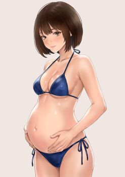 1girl big_belly bikini blue_bikini blush bob_cut breasts brown_eyes brown_hair closed_mouth commentary_request grey_background hands_on_own_stomach lips looking_at_viewer nobita_(nbnobita) original pregnant short_hair simple_background small_breasts solo swimsuit