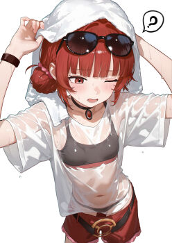 Rule 34 | 1girl, ?, absurdres, bikini, black bikini, clothes pull, commission, double bun, eco 376124, eyewear on head, hair bun, highres, navel, one eye closed, open mouth, original, pixiv commission, red eyes, red hair, red shorts, see-through clothes, see-through shirt, shirt, short hair, short shorts, shorts, shorts pull, simple background, solo, speech bubble, spoken question mark, sunglasses, swimsuit, towel, towel on head, wet, wet clothes, wet shirt, white background, white shirt