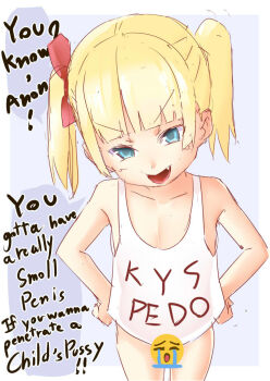 1girl 4chan blonde_hair blue_eyes blunt_bangs bottomless bow censored clothes_writing collarbone crying_emoji drawfag emoji emoji_censor english_text eyebrows fang female_focus flat_chest hair_bow head_tilt humiliation leaning_forward loli looking_at_viewer meme mesugaki open_mouth pedophile red_bow small_penis_humiliation solo stick-chan tank_top thighs tsurime twintails uohhhhhhhhh!_(meme) white_tank_top