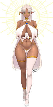 1girl absurdres breasts commentary dark_elf dark_skin earrings elf green_eyes highres huge_breasts jewelry long_hair looking_at_viewer mole mole_under_eye navel original panties pointy_ears ryu_seung simple_background solo underwear very_long_hair white_background white_hair white_panties