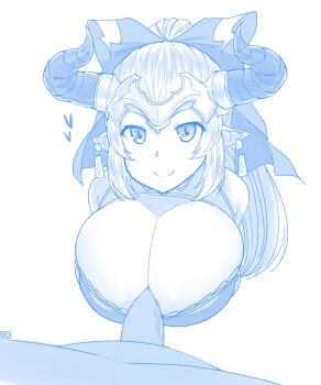 aliza_(granblue_fantasy) bare_shoulders breasts cleavage draph earrings ekz_(robotekz) granblue_fantasy highres horns huge_breasts jewelry large_breasts large_ribbon long_hair looking_at_viewer monochrome paizuri penis pov simple_background sketch tagme white_background