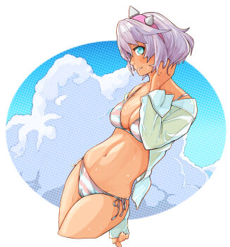 Rule 34 | 1girl, absurdres, bikini, blue eyes, border, breasts, cloud, cloudy sky, cropped legs, cumulonimbus cloud, elphelt valentine, guilty gear, guilty gear strive, hairband, hand in own hair, highres, multicolored bikini, navel, open clothes, open shirt, outside border, parted lips, pink bikini, pink hair, pink hairband, shirt, short hair, side-tie bikini bottom, sky, solo, spiked hairband, spikes, striped bikini, striped clothes, sugajyun, swimsuit, two-tone bikini, wet, white bikini, white border, white shirt