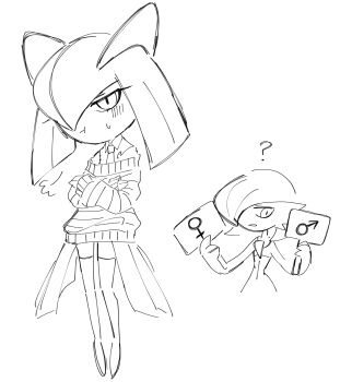 Rule 34 | 2others, :t, ?, blush, bob cut, clothed pokemon, collared shirt, confetti, crossed arms, gardevoir, gen 3 pokemon, greyscale, hair over one eye, hands up, holding, holding sign, iroai-chan, kirlia, long sleeves, mars symbol, medium hair, monochrome, multiple others, necktie, nintendo, off-shoulder sweater, off shoulder, one eye covered, other focus, parted lips, pokemon, pokemon (creature), puff of air, shirt, short hair, sidelocks, sign, simple background, sketch, striped clothes, striped sweater, sweat, sweater, thighhighs, tsundere, venus symbol, white background