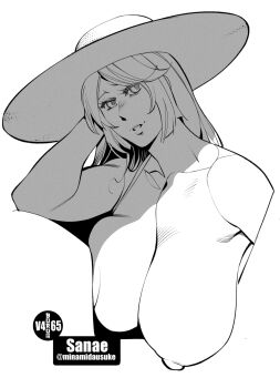 1girl breasts breasts_out burustandin commentary english_commentary greyscale hand_in_own_hair hanging_breasts hat highres huge_breasts monochrome nipples original signature smile solo sun_hat upper_body
