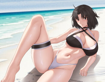 1girl absurdres ahoge bare_shoulders beach bikini black_bikini breasts brown_hair choker cleavage fate/grand_order fate_(series) freed_turing grey_eyes highres large_breasts looking_at_viewer lying multicolored_bikini navel off_shoulder parted_bangs ryougi_shiki ryougi_shiki_(swimsuit_mooncancer)_(first_ascension) shore short_hair solo swimsuit thighs two-tone_bikini white_bikini