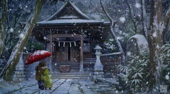 2others architecture beanie black_boots blue_pants boots box brown_jacket coat commentary_request donation_box east_asian_architecture ema facing_away green_coat handprint hat highres holding holding_umbrella hood hooded_coat jacket kosian multiple_others original outdoors pants pom_pom_(clothes) pom_pom_beanie red_umbrella rope shimenawa shrine snow snowing stairs tree umbrella winter