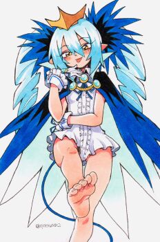 1girl bare_legs barefoot blue_hair bombergirl cloak crown dress drill_hair flat_chest highres lewisia_aquablue long_hair looking_at_viewer oyatsu_(mk2) presenting_foot short_dress smile smug solo tail toes traditional_media twin_drills very_long_hair white_dress yellow_eyes