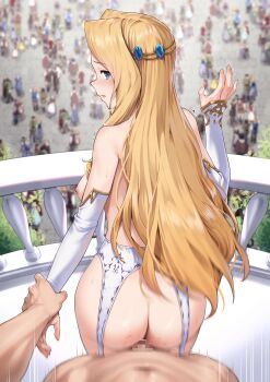 1boy 1girl absurdres ass balcony blonde_hair blue_eyes blue_gemstone breasts circlet commission detached_sleeves exhibitionism gem henria hetero highres long_hair looking_at_viewer looking_back mashou_no_nie nipples people photoshop_(medium) pov princess public_indecency sarah_katusha sex sex_from_behind sideboob skeb_commission split standing standing_on_one_leg standing_split stealth_sex very_long_hair waving white_sleeves