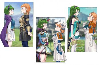 2girls absurdres aged_up alternate_costume alternate_hair_length alternate_hairstyle annette_fantine_dominic annette_fantine_dominic_(timeskip) belt belt_pouch black_cloak blue_eyes blue_gloves blush braid braided_hair_rings breasts cape capelet choker_jewel cleavage cloak closed_mouth commission dagger dress elbow_gloves fingerless_gloves fire_emblem fire_emblem:_the_blazing_blade fire_emblem:_three_houses fire_emblem_heroes fire_emblem_warriors:_three_hopes frilled_skirt frills fur-trimmed_capelet fur_trim garreg_mach_monastery_uniform gloves green_eyes green_hair hair_rings hairband headscarf height_difference highres jewelry knife long_hair long_sleeves looking_at_another looking_up medium_breasts midriff multiple_girls nino_(fang&#039;s_heart)_(fire_emblem) nino_(fire_emblem) nintendo official_alternate_costume orange_capelet orange_hair pantyhose pouch purple_cape purple_hairband redkite333 sheath sheathed short_hair skirt smile sweatdrop thighhighs twintails weapon white_gloves white_headscarf white_thighhighs