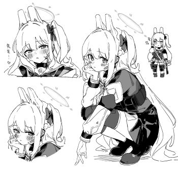 1girl abuzodoru_ha animal_ear_hairband animal_ears blue_archive blush bow bulletproof_vest commentary_request cropped_shoulders deformed fake_animal_ears full_body greyscale hair_bow hairband half-closed_eyes halo hand_on_own_chin headset heart highres knee_guards lightning_bolt_symbol long_hair looking_at_viewer miniskirt miyako_(blue_archive) monochrome multiple_views neckerchief one_side_up parted_lips pleated_skirt rabbit_ear_hairband rabbit_ears raised_inner_eyebrows sailor_collar school_uniform serafuku shoes skirt spoken_heart squatting sweatdrop tactical_school_uniform