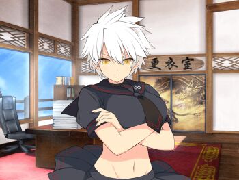 1girl architecture arms_under_breasts black_necktie black_sailor_collar black_serafuku black_skirt blue_sky blush bookshelf breasts chair closed_mouth cloud crop_top crossed_arms day desk east_asian_architecture fusuma groin hebijo_academy_school_uniform infinity_symbol large_breasts looking_at_viewer miyabi_(senran_kagura) navel necktie office official_art paper_stack pleated_skirt red_trim rug sailor_collar school_uniform senran_kagura senran_kagura_new_link serafuku short_hair skirt sky sliding_doors slit_pupils solo spiked_hair swivel_chair v-shaped_eyebrows white_hair window wooden_floor yellow_eyes