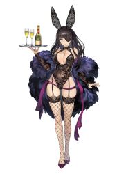 Rule 34 | 1girl, animal ears, artist request, black leotard, breasts, brown dust 2, celia (brown dust), champagne bottle, cleavage, covered navel, cup, drinking glass, eyepatch, fake animal ears, fishnet thighhighs, fishnets, floral print, full body, fur shawl, garter belt, gluteal fold, groin, high heels, highleg, highleg leotard, highres, holding, holding tray, large breasts, leotard, looking at viewer, official art, purple footwear, rabbit ears, second-party source, shawl, simple background, solo, thighhighs, tray, white background, wine glass
