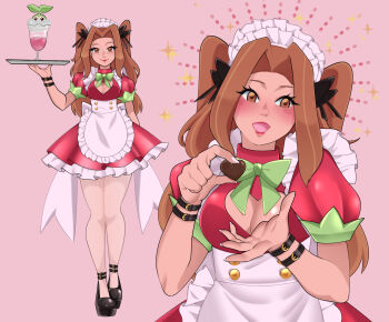 Rule 34 | 1girl, apron, brown hair, chocolate, digimon, digimon (creature), highres, lipstick, looking at viewer, maid, maid apron, maid headdress, makeup, nail polish, open mouth, red lips, ribbon, tachikawa mimi, tanemon, valtren, waitress, white nails