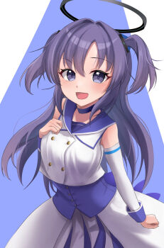 1girl :d bare_shoulders black_halo blue_archive blue_background blue_choker blue_corset blue_eyes blush breasts choker commentary_request corset cowboy_shot detached_sleeves dress hair_between_eyes halo hand_up highres long_hair looking_at_viewer medium_breasts mischievous_straight_uniform_(blue_archive) open_mouth purple_eyes purple_hair ramkilog skirt sleeveless sleeveless_dress smile solo two_side_up white_dress yuuka_(blue_archive)