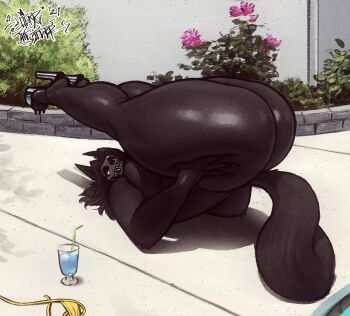 1girl ass ass_focus bare_shoulders black_fur black_hair black_sclera breasts colored_sclera curvy dark_skin drink female_focus full_body furry furry_female grabbing_own_ass high_heels huge_ass huge_breasts large_breasts looking_at_viewer naughty_face navel nipples outdoors platform_heels presenting scp-1471 scp_foundation shiny_skin skull sligarthetiger solo thick_thighs thighs white_eyes wide_hips wolf_girl