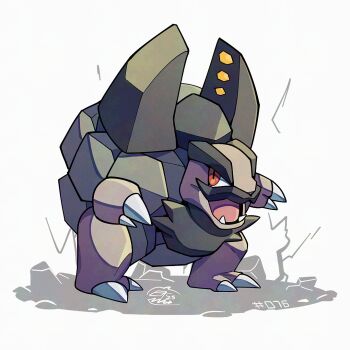 Rule 34 | alolan form, alolan golem, claws, fangs, gen 7 pokemon, looking at viewer, mistray-art, nintendo, no humans, numbered, open mouth, pokemon, pokemon (creature), red eyes, signature, simple background, solo, white background