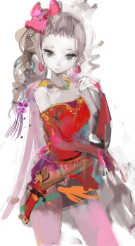 Rule 34 | 1990s (style), 1girl, absurdres, bare shoulders, blue eyes, bow, dress, elbow gloves, female focus, final fantasy, final fantasy vi, gloves, hair bow, highres, pale skin, pantyhose, red dress, red gloves, retro artstyle, side ponytail, simple background, solo, tina branford, uturo, white background