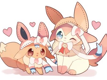 Rule 34 | :3, :d, ;3, blue eyes, blush, brown eyes, closed mouth, commentary request, cosplay, eevee, eevee (cosplay), gen 1 pokemon, gen 6 pokemon, heart, highres, nintendo, no humans, one eye closed, open mouth, pokemon, pokemon (creature), simple background, smile, sylveon, sylveon (cosplay), white background, yupo 0322