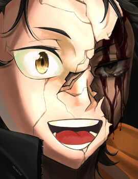 1boy :d absurdres artist_name black_hair blood blood_on_face cracked_kawaii_mask cracked_mask crying crying_with_eyes_open empty_eyes frankino hashtag-only_commentary highres male_focus mask natsuki_subaru open_mouth portrait re:zero_kara_hajimeru_isekai_seikatsu short_hair smile solo tears yellow_eyes