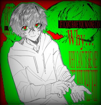 Rule 34 | 1boy, bluu raiin, commentary, cowboy shot, crossed bangs, degrees of lewdity, double-parted bangs, english commentary, english text, green eyes, grin, hair between eyes, head tilt, highres, holding, holding razor, hood, hood down, hoodie, imminent self-harm, kylar (degrees of lewdity), kylar (male) (degrees of lewdity), looking at viewer, male focus, partially colored, razor, red pupils, self-harm, short hair, sleeves rolled up, smile, solo, sweatdrop, wrist cutting