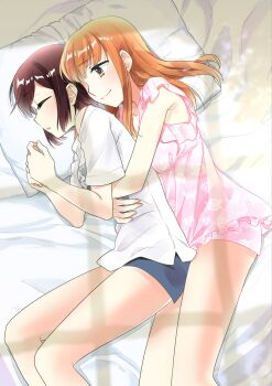 2girls armpit_crease blue_shorts breasts brown_hair camisole closed_eyes closed_mouth commentary_request cuddling floral_print frilled_camisole frills hands_up head_on_pillow highres hug hug_from_behind long_hair lying multiple_girls off_shoulder on_bed on_side ooshima_tomo original parted_lips pillow pink_camisole pink_shorts print_camisole print_shirt print_shorts shirt short_hair short_shorts shorts sideways_mouth sleeping smile white_shirt window_shadow yuri