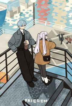 against_railing bag beanie beard black_bag black_pants black_pantyhose black_shirt black_shoes blonde_hair blue_hair brown_coat character_name coat collared_shirt commentary_request copyright_name cup disposable_coffee_cup disposable_cup dwarf earrings eisen_(sousou_no_frieren) elf facial_hair frieren full_body glasses grey_coat grey_hair grey_hat hair_between_eyes hand_in_pocket handbag hat height_difference heiter highres himmel_(sousou_no_frieren) holding holding_cup jewelry light_smile long_hair looking_at_another marina mole mole_under_eye outstretched_arms pants pantyhose parted_bangs pointy_ears railing red_coat running shirt shoes short_hair socks sousou_no_frieren sweater takeuchi_ryousuke turtleneck turtleneck_sweater twintails white_shirt white_socks white_sweater