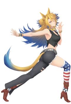 1girl absurdres american_flag_legwear animal_ears asymmetrical_legwear asymmetrical_pants black_pants black_vest blonde_hair blue_hair boots brown_boots commission full_body high_heel_boots high_heels highres horse_ears horse_girl horse_tail jewelry long_hair looking_at_viewer multicolored_hair necklace obey_your_master_(umamusume) one_eye_closed pants pixiv_commission print_thighhighs simple_background solo star_(symbol) star_in_eye star_necklace symbol_in_eye tail thighhighs tk31 two-tone_hair umamusume umamusume:_cinderella_gray vest white_background