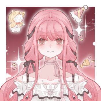 1girl ahoge animal bare_shoulders bead_necklace beads birthday black_bow black_ribbon blush_stickers border bow bow_choker bowtie bra_strap brown_eyes buttons cat center_frills choker cloak closed_mouth clothed_animal clothing_cutout collarbone dot_nose ear_covers floating_hat frilled_shirt frills fur-trimmed_headwear fur_trim hair_bow hair_ribbon happy hat hexagram highres hood hood_up hooded_cloak infinity_nikki jewelry jinhuan41657 light_blush light_particles light_smile long_hair long_sidelocks low_twintails mini_party_hat momo_(nikki) necklace nikki_(nikki) nikki_(series) notice_lines outline outside_border party_popper perfect_start_(infinity_nikki) pink_background pink_bow pink_bowtie pink_choker pink_hair pink_hat pom_pom_(clothes) red_bow red_bowtie ribbon shirt shoulder_cutout sidelocks single_stripe snowflakes sparkle star_(symbol) star_necklace straight-on striped_bow striped_bowtie striped_choker striped_clothes traditional_bowtie tress_ribbon twintails two-tone_headwear upper_body very_long_hair wavy_hair white_border white_cat white_outline white_shirt yellow_cloak yellow_hat