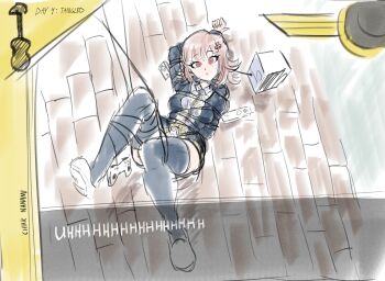 1girl absurdres arm_behind_back bdsm bondage bound bound_arms bound_legs cable controller danganronpa_(series) danganronpa_2:_goodbye_despair dialogue_box entangled game_controller highres medium_hair miniskirt nanami_chiaki pink_eyes shotlock skirt solo thighhighs