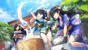 Rule 34 | 3girls, :o, alternate hairstyle, aqua kimono, bamboo, black hair, black kimono, blue eyes, blue hair, blue kimono, blue sky, bob cut, breasts, choker, cleavage, colored inner hair, crosshair pupils, day, dolphin wave, eines (dolphin wave), floral print, floral print kimono, flower, food, game cg, green eyes, hagane otsuki, hair flower, hair ornament, hair over one eye, headdress, highres, holding, holding mallet, japanese clothes, kanzashi, kimono, kine, kurose minami, large breasts, leaning forward, long hair, low neckline, mallet, mochi, mochi trail, mochitsuki, mortar (bowl), multicolored hair, multiple girls, new year, non-web source, official art, ootomo takuji, open mouth, outdoors, print kimono, purple streaks, self-datamine, short kimono, single hair streak, sky, small breasts, smile, standing, standing on one leg, torii, tree, water