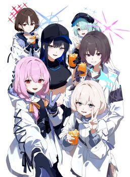 6+girls aqua_hair arius_squad_(blue_archive) armband atsuko_(blue_archive) bandaged_neck bandaged_wrist bandages baseball_cap black_armband black_hair black_hat black_hoodie blonde_hair blue_archive blue_eyes blue_hair blue_halo braid breasts brown_hair bulletproof_vest coat colored_inner_hair commentary_request crop_top cup drink gloves green_halo grey_shirt hair_ornament hair_over_one_eye hairclip halo hat highres hiyori_(blue_archive) holding holding_cup holding_drink hood hooded_jacket hoodie ice ice_cube j._(anonymousarts) jacket juice large_breasts long_hair long_sleeves looking_at_viewer low_twin_braids maia_(blue_archive) misaki_(blue_archive) multicolored_hair multiple_girls navel necktie newsboy_cap no_mask peanut_mouth purple_armband purple_eyes purple_hair purple_halo reaching reaching_towards_viewer red_eyes red_halo saori_(blue_archive) second-party_source selfie shirt short_hair side_ponytail simple_background sleeveless smile stomach subaru_(blue_archive) twin_braids v white_background white_coat white_halo white_jacket