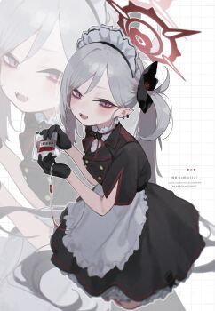 Rule 34 | 1girl, absurdres, amenatsu, apron, asymmetrical bangs, black dress, black gloves, black scrunchie, blood, blood bag, blue archive, checkered background, dress, earrings, fangs, gloves, grey hair, hair ornament, hair scrunchie, halo, highres, holding, jewelry, kneeling, layered dress, long eyelashes, looking at viewer, maid, maid apron, maid headdress, makeup, multiple earrings, mutsuki (blue archive), neck ribbon, open mouth, parted bangs, pointy ears, purple eyes, red halo, red ribbon, ribbon, scrunchie, short sleeves, side ponytail, single sidelock, solo, stud earrings, tear bag makeup, white apron, white headdress