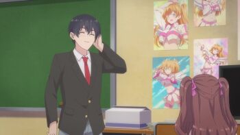 1boy 1girl animated anime_screenshot ass back black_hair blank_eyes brown_hair brown_jacket hair_ribbon highres jacket long_sleeves necktie no_bra okumura_masamune panties pants pink_ribbon purple_panties red_necktie ribbon school_uniform shirt sound subtitled tagme topless underwear video white_shirt