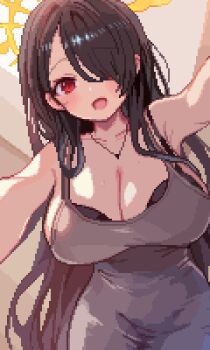 1girl armpits black_bra black_hair blue_archive blush bra breasts cleavage collarbone commentary dress grey_dress hair_over_one_eye halo highres hinata_(blue_archive) jewelry large_breasts long_hair looking_at_viewer necklace open_mouth pixel_art red_eyes sleeveless sleeveless_dress smile solo tinia_etru underwear very_long_hair yellow_halo