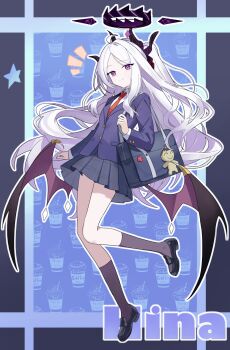 1girl absurdres ahoge ankry bag black_halo black_skirt blue_archive blush breasts commentary_request demon_girl demon_horns demon_wings doodle_sensei_(blue_archive) full_body gehenna_academy_logo halo highres hina_(blue_archive) horns long_hair looking_at_viewer low_wings purple_eyes school_bag school_uniform sensei_(blue_archive) skirt small_breasts solo standing star_(symbol) very_long_hair white_hair wings