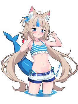 1girl animal_ear_fluff animal_ears bare_arms bare_shoulders bikini blue_eyes blue_streaks collarbone cowboy_shot fins fish_tail flat_chest highres long_hair looking_at_viewer midriff multicolored_hair navel sameko_saba short_shorts shorts simple_background solo standing stomach stomwch streaked_hair swimsuit tail tate_alon twintails very_long_hair virtual_youtuber white_background