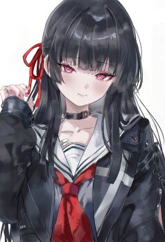 1girl absurdres amane_luna_(vtuber) black_choker black_hair black_jacket black_shirt blush breasts chisa_(wuthering_waves) choker closed_mouth collarbone commentary fingernails hair_ribbon hand_up highres jacket long_sleeves looking_at_viewer medium_breasts nail_polish neckerchief origonz red_eyes red_nails red_neckerchief red_ribbon ribbon sailor_collar shirt simple_background solo upper_body white_background white_sailor_collar wuthering_waves