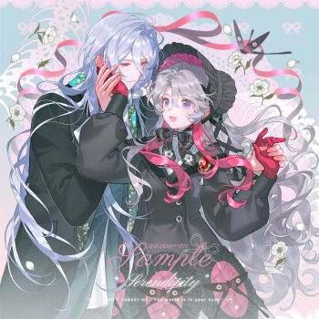 Rule 34 | 1boy, :d, absurdres, animal skeleton, aqua background, aqua scarf, black bonnet, black bow, black butterfly, black coat, black dress, blue jacket, bonnet, bow, bug, butterfly, cael anselm, chinstrap, closed mouth, coat, coat dress, commission, couple, cowboy shot, doily, dress, eye contact, falling flower, falling petals, floral print, flower, gem, gloves, grey hair, guozi375, hair between eyes, hand on another's cheek, hand on another's face, hand on another's hand, hands up, hetero, highres, holding hands, insect, jacket, lapel pin, long hair, long hair between eyes, long sleeves, looking at another, lovebrush chronicles, mihuashi commission, multicolored hair, neck ribbon, oc x canon, official alternate costume, open clothes, open coat, open mouth, original, petals, pink background, pink dress, pink gloves, pink hair, pink ribbon, puffy long sleeves, puffy sleeves, purple eyes, red gemstone, ribbon, sample watermark, scarf, shirt, smile, standing, two-tone background, two-tone dress, two-tone hair, very long hair, watermark, white flower, white hair, white ribbon, white shirt