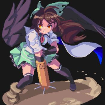 Rule 34 | 1girl, arm cannon, black gloves, black thighhighs, blue cape, bow, brown hair, cape, collared shirt, commentary, control rod (touhou), english commentary, feathered wings, gloves, green bow, green skirt, hair bow, long hair, looking at viewer, pixel art, potemki11, red eyes, reiuji utsuho, shirt, skirt, smile, solo, thighhighs, third eye, third eye on chest, touhou, two-sided cape, two-sided fabric, very long hair, weapon, white cape, white shirt, wings