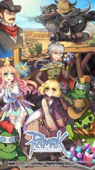 2girls 6+boys alchemist_(ragnarok_online) animal animal_ears animal_on_head arch_bishop_(ragnarok_online) bandana bandana_over_mouth bird bird_on_head black_hair black_hat blonde_hair blue_cape blue_dress blue_eyes blue_gemstone blue_sky bowie_buffalo_bandit brown_coat brown_eyes brown_footwear brown_gloves brown_hair brown_jacket brown_skirt buffalo_bandit_duelist buffalo_bandit_sharpshooter bug buttons cactus cape clear_sky closed_mouth coat copyright_notice cow_boy cow_ears cow_horns cowboy cowboy_hat cowboy_western cross crouched_horse crystal desert dress facial_hair fairy full_body gem gloves green_eyes grey_hair grey_horns grey_vest grin gun hat highres holding holding_gem holding_gun holding_weapon horns ivoka_skudi jacket juliet_sleeves lace lace-trimmed_thighhighs lace_trim lever_action logo long_hair long_sideburns long_sleeves looking_at_viewer merchant_(ragnarok_online) monocle multiple_boys multiple_girls mustache official_art official_wallpaper on_head open_mouth outdoors pink_gemstone pink_hair puffy_sleeves purple_eyes purple_gemstone ragnarok_online red_bandana red_cape red_eyes rifle rimless_eyewear sheriff_badge shirt shoes short_hair shotgun sideburns skirt sky smile spider taruk thighhighs two-sided_cape two-sided_fabric two-tone_dress vest weapon western white_dress white_shirt white_thighhighs wyatt_warp yellow_eyes