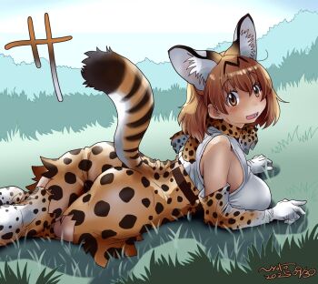 1girl animal_ears animal_print ass black_hair blonde_hair blush bow bowtie breasts commentary_request crossed_legs elbow_gloves extra_ears gloves grasslands hat_feather high-waist_skirt kemono_friends large_breasts looking_at_viewer lying no_bra nyororiso_(muyaa) on_grass on_stomach open_mouth orange_bow orange_bowtie print_bow print_bowtie print_gloves print_skirt serval_(kemono_friends) shirt short_hair skirt sleeveless sleeveless_shirt smile solo striped_tail tail taut_clothes taut_skirt thighhighs two-tone_bow two-tone_bowtie white_bow white_bowtie