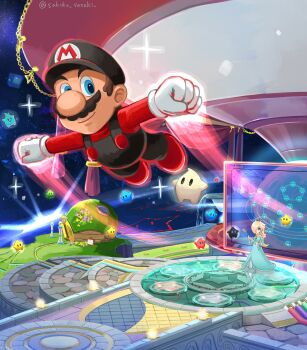 Rule 34 | 1girl, absurdres, black luma, blonde hair, blue eyes, blue luma, comet, comet observatory, crown, dress, earrings, flying, grass, green luma, hair over one eye, highres, jewelry, luma (mario), map, mario, mario (series), multiple others, nintendo, red luma, rosalina, sasaki sakiko, sign, star (sky), star (symbol), star earrings, super mario galaxy, twitter username, wand