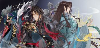 2boys aegyo_sal alternate_form aqua_coat aqua_hanfu back-to-back black_background black_cape black_gloves black_hanfu black_robe black_sash black_veil blue_hanfu blue_robe brown_eyes brown_hair cape chinese_clothes chinese_commentary closed_mouth coat coin curtained_hair dual_persona earrings expressionless eye_mask fingerless_gloves floral_background flower gem gloves gongzi_xiyu gradient_background grey_background hair_between_eyes half_eye_mask hand_up hanfu highres holding holding_pendant holed_coin hua_chen hua_yi_shanxin_zhiyue jewelry lips long_hair long_sleeves looking_ahead looking_at_viewer lotus male_focus mask multiple_boys pendant profile red_gemstone red_ribbon ribbon robe sash see-through_cape see-through_clothes see-through_veil serious shoulder_guard sidelocks swept_bangs teardrop_earrings two-tone_robe veil waist_sash wide_sleeves yaopei