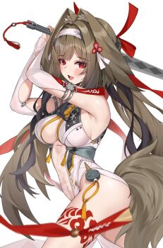 1girl :d animal_ears arms_up bare_shoulders breasts brown_hair brown_tail china_dress chinese_clothes commentary_request cowboy_shot dress droopy_ears hairband highres holding holding_sword holding_weapon leg_tattoo long_hair looking_at_viewer matrix16 open_mouth qingming_sword red_eyes sideboob simple_background smile solo sword tail tattoo weapon white_background white_hairband ye_shunguang zenless_zone_zero