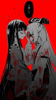 2girls absurdres blood blood_on_face blood_on_hands breasts closed_eyes closed_mouth collared_shirt commentary_request frilled_shirt_collar frilled_sleeves frills fujiwara_no_mokou highres holding_hands houraisan_kaguya long_hair long_sleeves multiple_girls ofuda ofuda_on_clothes open_mouth pants red_background red_eyes shirt skirt speech_bubble suspenders sweat tamiko_(tamik0224) touhou translation_request very_long_hair wide_sleeves