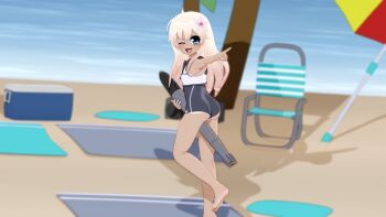 10s 1girl 3d bare_arms bare_legs bare_shoulders barefoot beach beach_chair beach_towel beach_umbrella between_breasts black_one-piece_swimsuit blender_(medium) blue_eyes breasts commentary cooler crop_top day female_focus flower from_behind full_body gs-mantis hair_flower hair_ornament hibiscus highres kantai_collection long_hair looking_at_viewer looking_back ocean one-piece_swimsuit one_eye_closed pointing pointing_at_viewer ro-500_(kancolle) sailor_collar school_swimsuit solo standing swimsuit tan tanline torpedo towel umbrella