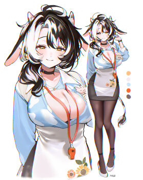 1girl absurdres ahoge animal_ears apron black_choker black_hair black_skirt blue_shirt breasts choker cleavage collared_shirt commentary cow_ears cow_girl cow_horns cow_tail english_commentary haze_(7h4ze) high_heels highres horns large_breasts looking_at_viewer multicolored_hair name_tag original pencil_skirt shirt shoes short_side_ponytail skirt streaked_hair tail whistle whistle_around_neck white_apron white_background white_hair white_shoes yellow_eyes
