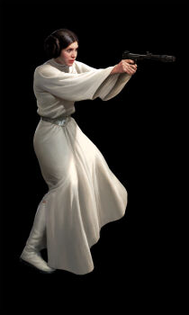 1girl black_background boots brown_eyes brown_hair darren_tan double_bun dress full_body gun hair_bun highres holding holding_gun holding_weapon princess_leia simple_background star_wars star_wars:_a_new_hope weapon white_boots white_dress