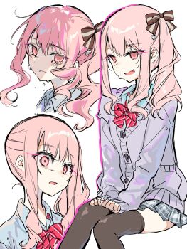 1other :d aimi_(mimi_nii2) akiyama_mizuki black_thighhighs bow bowtie brown_bow cardigan clenched_hands closed_mouth collared_shirt cropped_head crying crying_with_eyes_open diagonal-striped_bow diagonal-striped_bowtie diagonal-striped_clothes drill_hair empty_eyes feet_out_of_frame frown grey_cardigan grey_skirt hair_between_eyes hair_bow hashtag-only_commentary heart high_side_ponytail highres invisible_chair kamiyama_high_school_uniform_(project_sekai) long_hair long_sleeves looking_at_viewer miniskirt multiple_views open_mouth other_focus outline pink_eyes pink_hair pink_outline plaid_clothes plaid_skirt pleated_skirt portrait project_sekai red_bow red_bowtie school_uniform shirt side_drill side_ponytail sidelocks simple_background sitting skirt sleeves_past_wrists smile striped_bow striped_bowtie striped_clothes sweat tears thighhighs tongue v_arms white_background white_shirt zettai_ryouiki